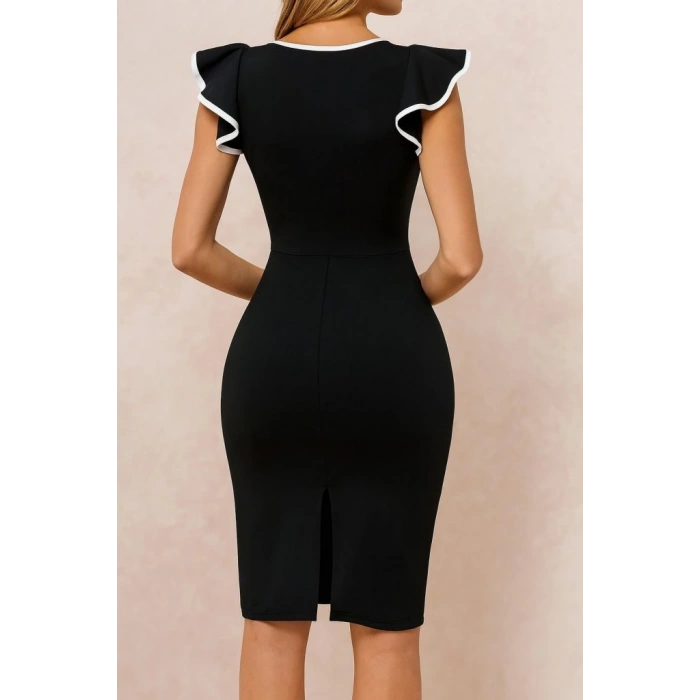 Kadın Kısa Kollu Bisiklet Yaka Yırtmaçlı Ithal Krep Elbise