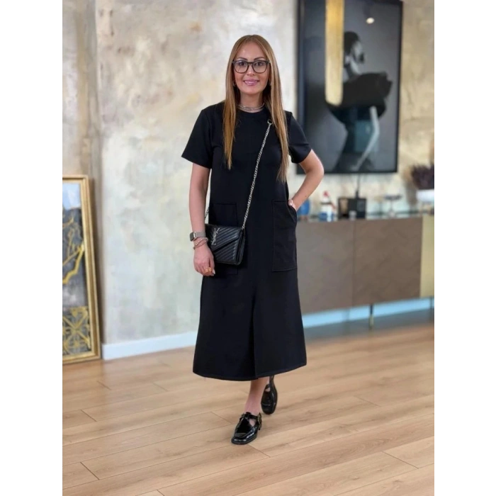 Kadın Kısa Kollu Bisiklet Yakalı Cepli önden Yırtmaçlı Viskon Iki Iplik Midi Elbise