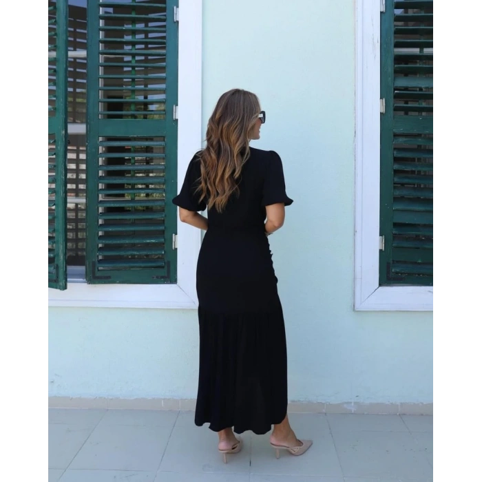 Kadın Kısa Kollu Bisiklet Yakalı Yandan Yırtmaçlı Büzgülü Janjan Krep Elbise