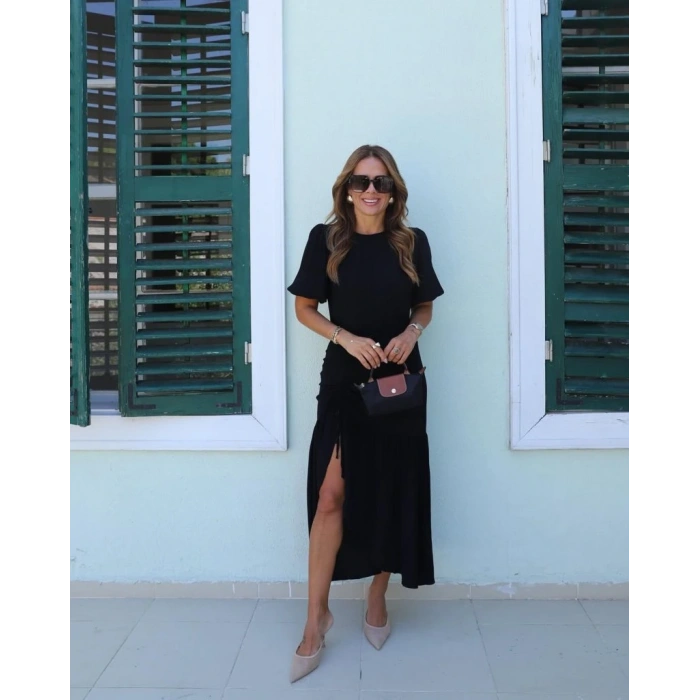 Kadın Kısa Kollu Bisiklet Yakalı Yandan Yırtmaçlı Büzgülü Janjan Krep Elbise