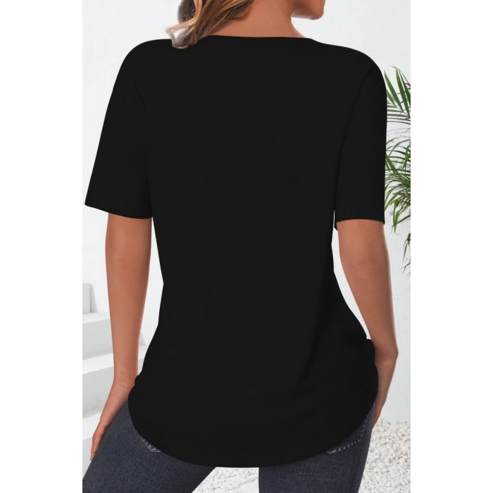 Kadın Kısa Kollu çentikli V Düğme Detaylı V Yaka önden Pileli Ithal Keten Bluz