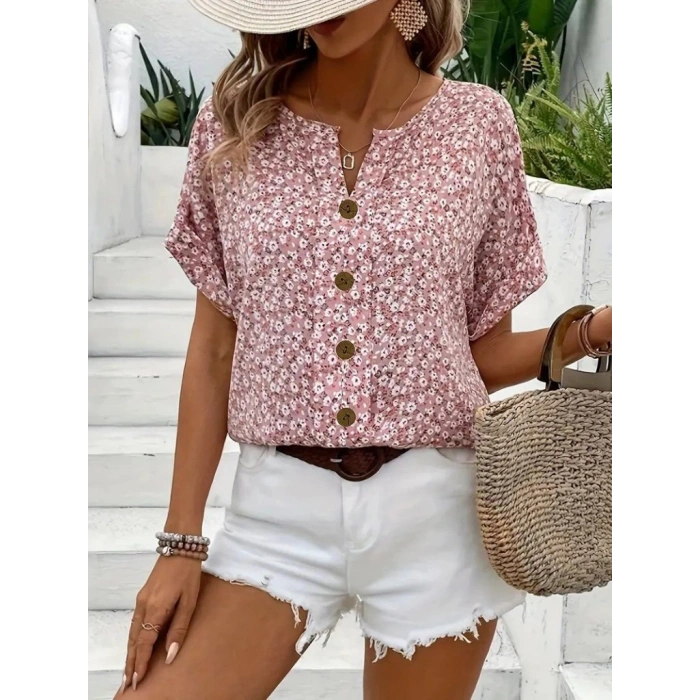 Kadın Kısa Kollu çentikli V Yaka Ve Düğme Detaylı çiçek Desenli Süprem Bluz