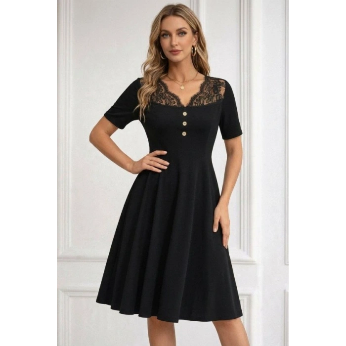 Kadın Kısa Kollu Dantel V Yakalı Düğmeli Kısa Janjan Krep Elbise