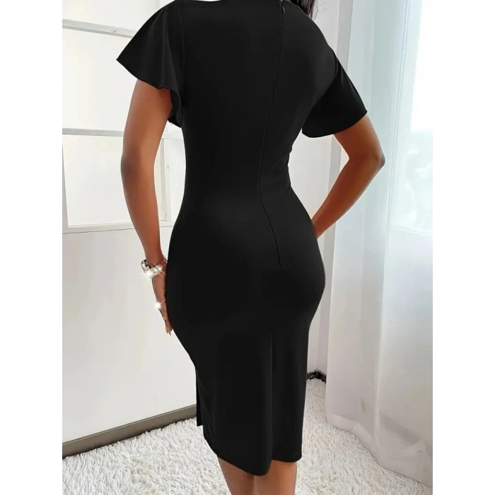 Kadın Kısa Kollu Derin Dekolte V Yakalı Yırtmaçlı Midi Janjan Krep Elbise