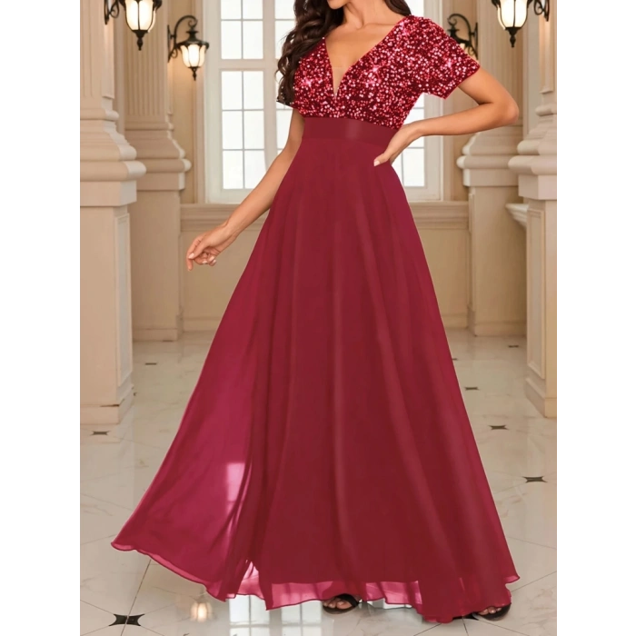 Kadın Kısa Kollu Derin V Yakalı A Kesim Pulpayet Detaylı şifon Nedime Elbisesi