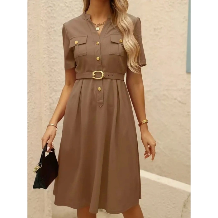 Kadın Kısa Kollu Düğmeli Ve Kemerli Atlas Elbise