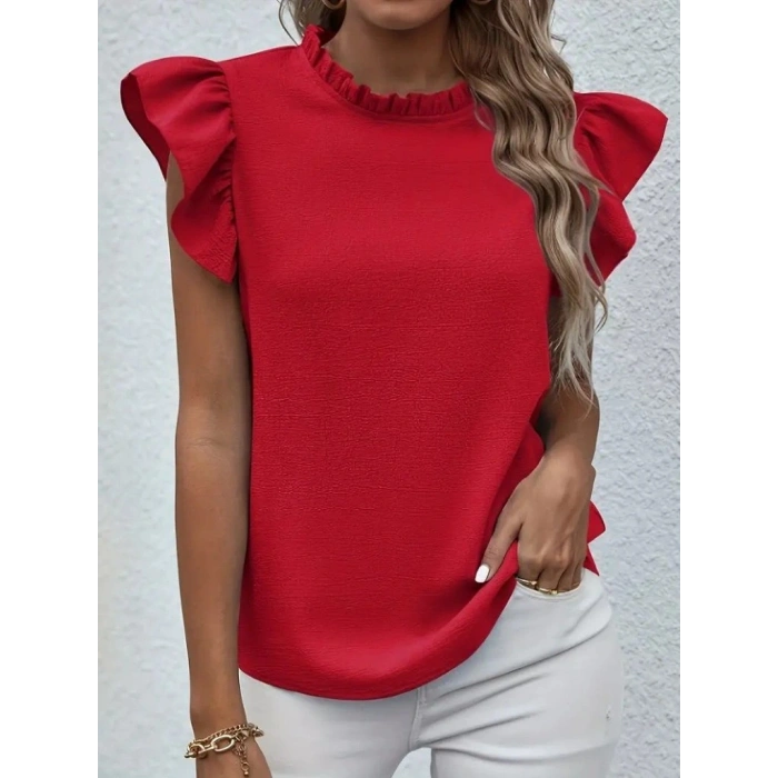 Kadın Kısa Kollu Fırfır Yakalı Bürümcük Bluz