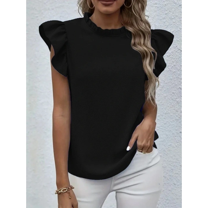 Kadın Kısa Kollu Fırfır Yakalı Bürümcük Bluz