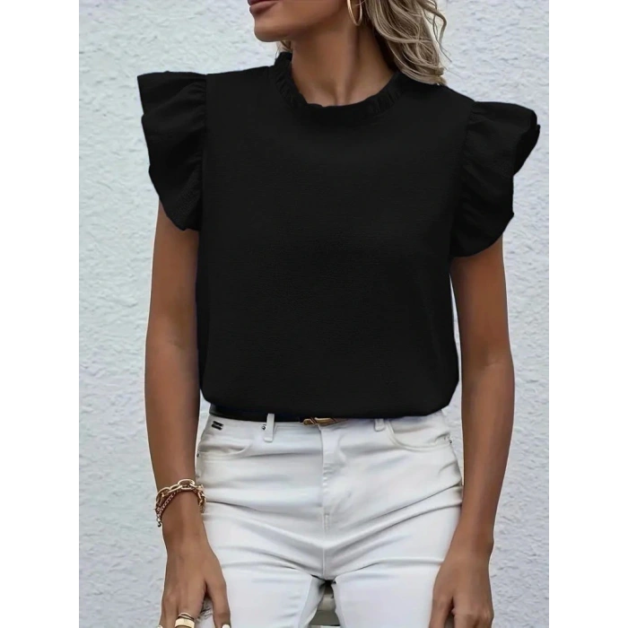 Kadın Kısa Kollu Fırfır Yakalı Bürümcük Bluz