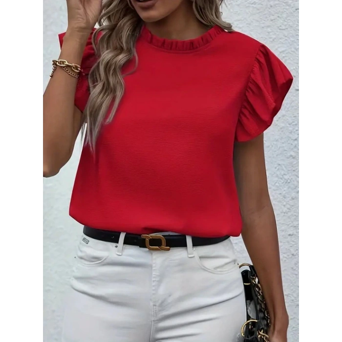 Kadın Kısa Kollu Fırfır Yakalı Bürümcük Bluz