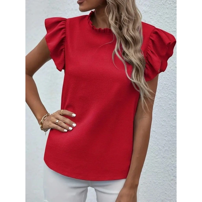 Kadın Kısa Kollu Fırfır Yakalı Bürümcük Bluz