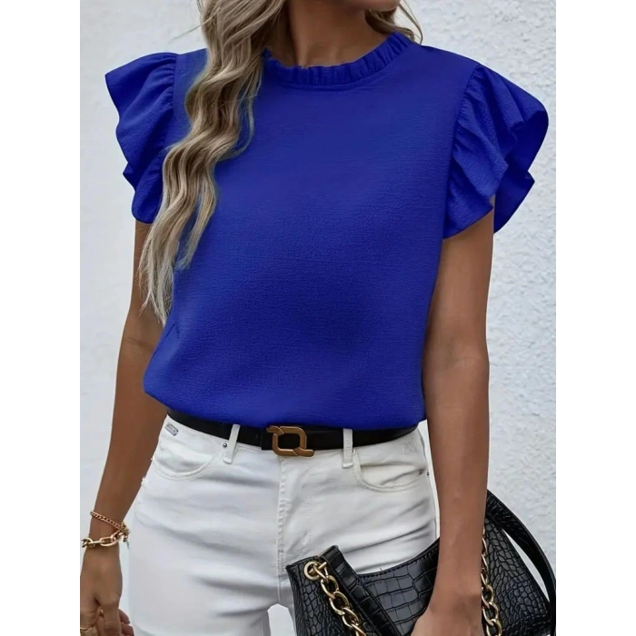 Kadın Kısa Kollu Fırfır Yakalı Bürümcük Bluz