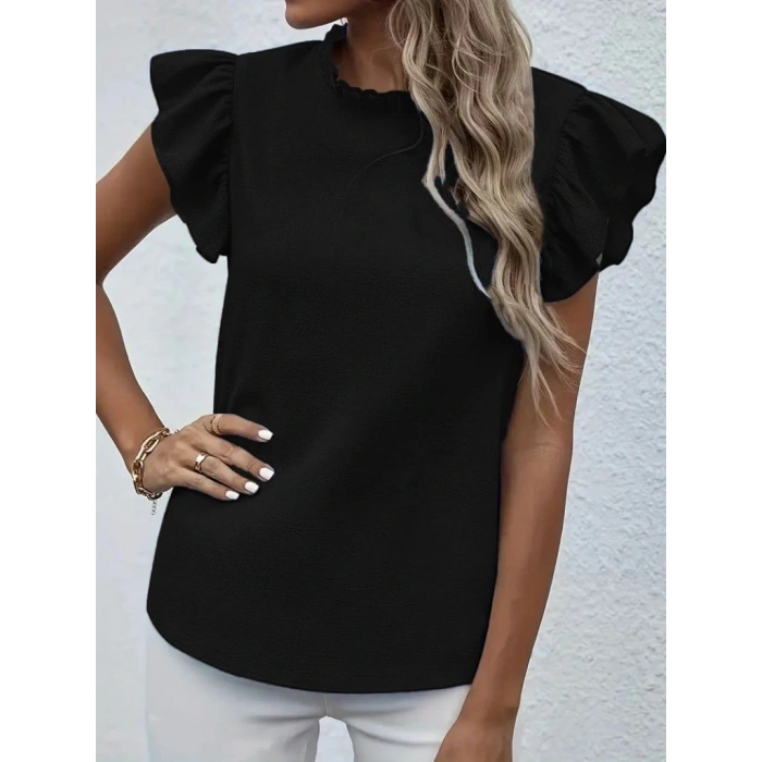 Kadın Kısa Kollu Fırfır Yakalı Bürümcük Bluz