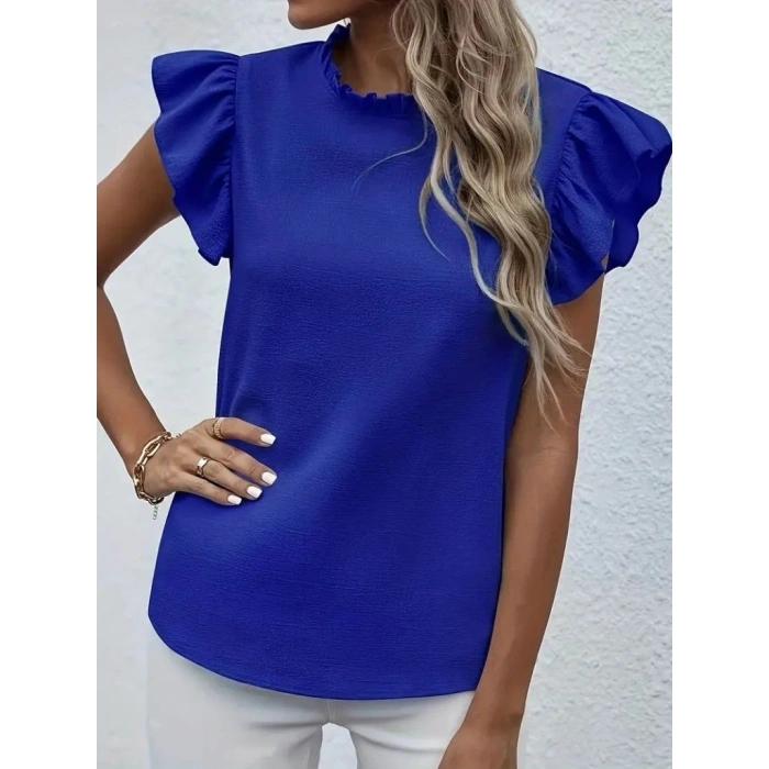 Kadın Kısa Kollu Fırfır Yakalı Bürümcük Bluz