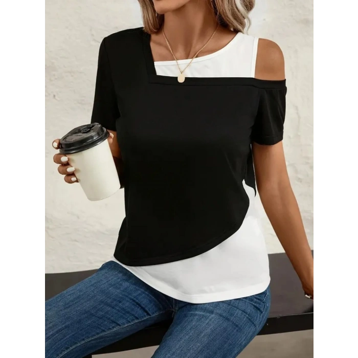 Kadın Kısa Kollu Geometrik Kesin Detaylı çift Renkli Viskon Bluz