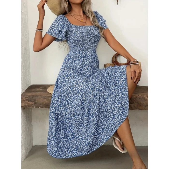 Kadın Kısa Kollu Gipe Detaylı Desenli Midi Süprem Elbise