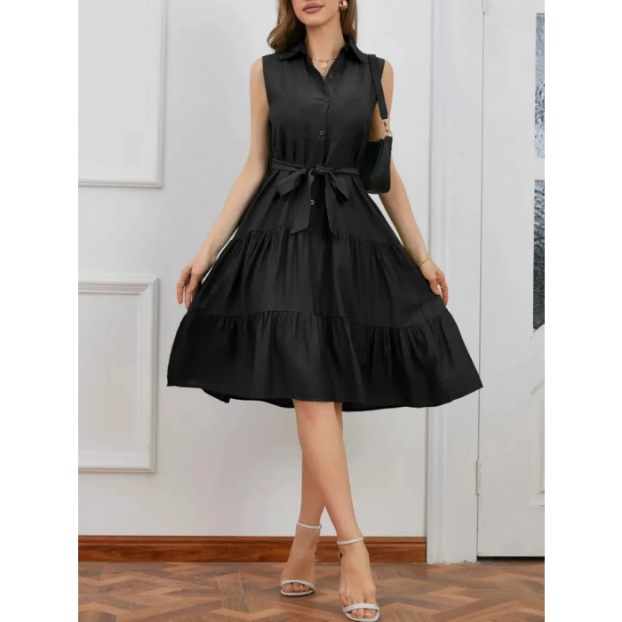 Kadın Kısa Kollu Gömlek Yaka Düğmeli Beli Kuşaklı Katlı Dokuma Midi Elbise