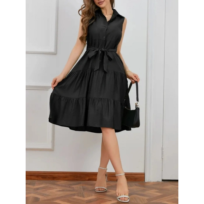 Kadın Kısa Kollu Gömlek Yaka Düğmeli Beli Kuşaklı Katlı Dokuma Midi Elbise