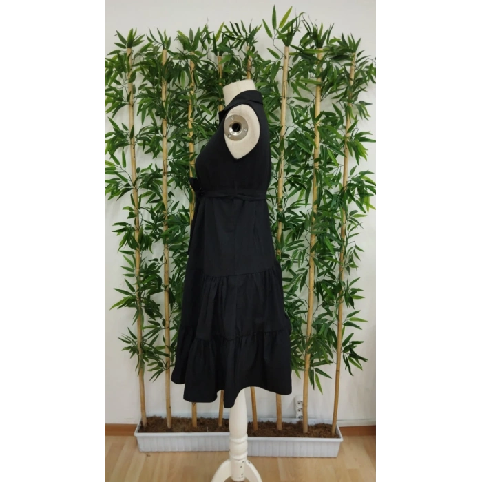 Kadın Kısa Kollu Gömlek Yaka Düğmeli Beli Kuşaklı Katlı Dokuma Midi Elbise