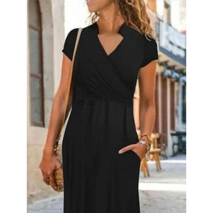 Kadın Kısa Kollu Hakim V Yaka Viskon Elbise