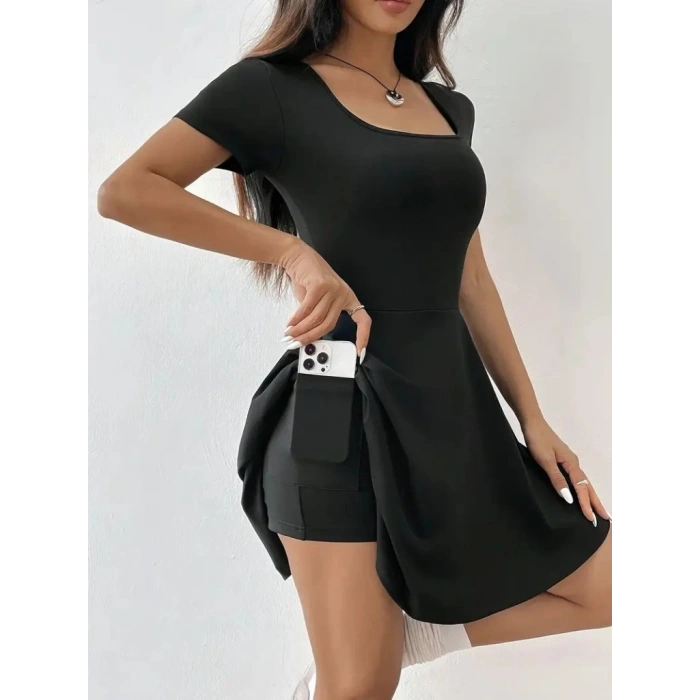 Kadın Kısa Kollu Kare Yaka Short Detaylı Cepli Dalgıç Elbise