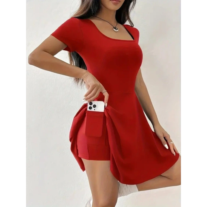 Kadın Kısa Kollu Kare Yaka Short Detaylı Cepli Dalgıç Elbise