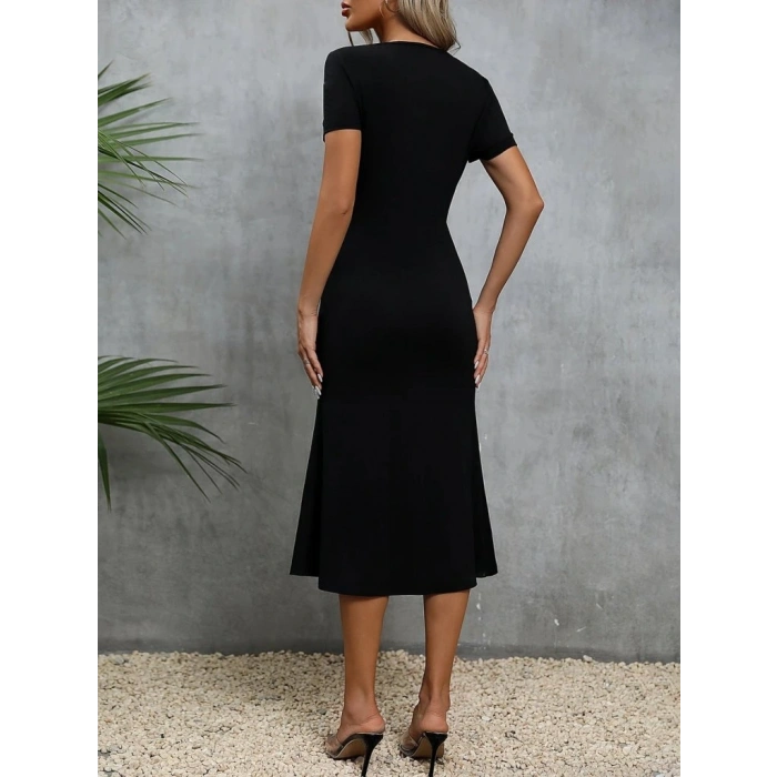 Kadın Kısa Kollu Kare Yakalı Ip Detaylı Janjan Krep Elbise