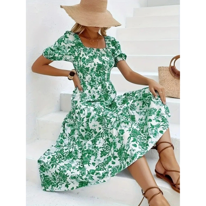 Kadın Kısa Kollu Kare Yakalı Lastikli Desenli Süprem Elbise