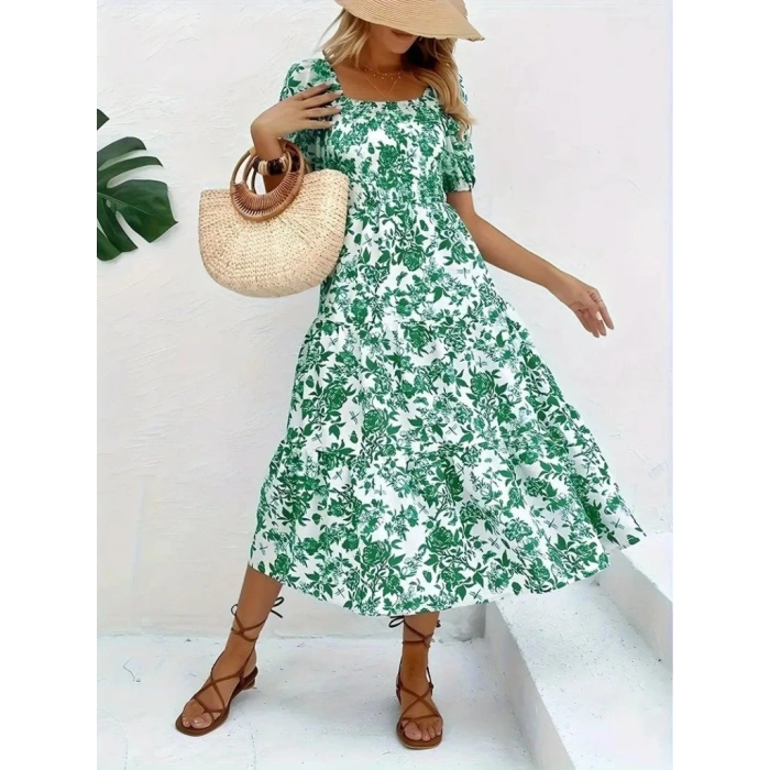 Kadın Kısa Kollu Kare Yakalı Lastikli Desenli Süprem Elbise