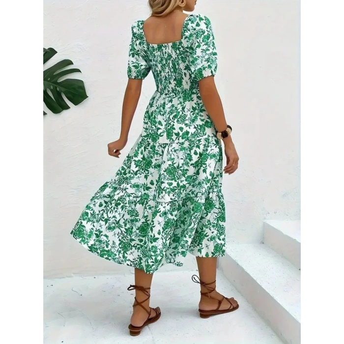 Kadın Kısa Kollu Kare Yakalı Lastikli Desenli Süprem Elbise