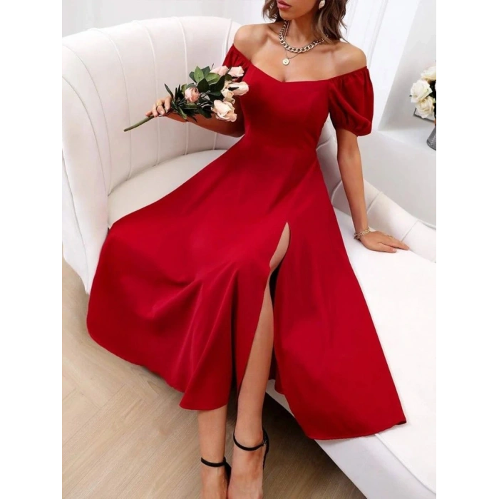 Kadın Kısa Kollu Kare Yakalı Yırtmaçlı Midi Janjan Krep Elbise