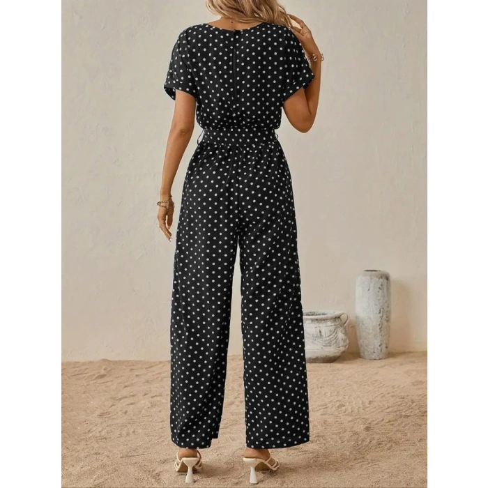 Kadın Kısa Kollu Kayık Yaka Belden Kuşaklı örme Krep Tulum