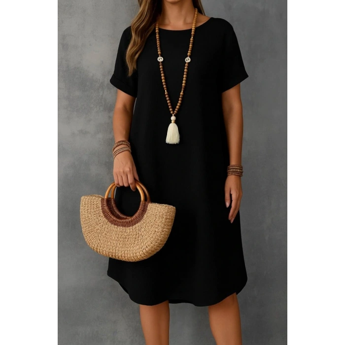Kadın Kısa Kollu Kayık Yaka Bürümcük Elbise