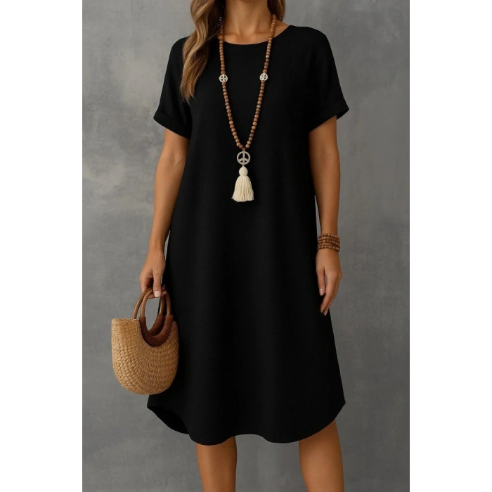 Kadın Kısa Kollu Kayık Yaka Bürümcük Elbise