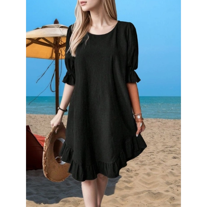 Kadın Kısa Kollu Kol Ve Eteği Volanlı Bisiklet Yaka Aerobin Elbise