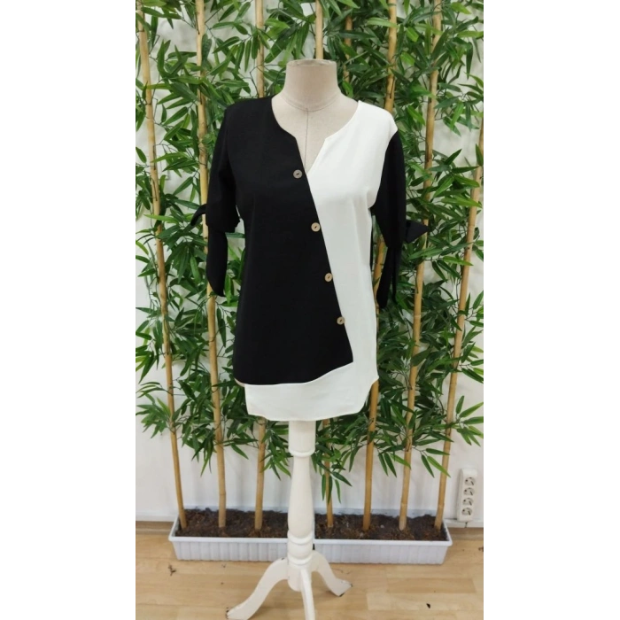 Kadın Kısa Kollu Kollardan Bağlamalı önden Asimetrik Kesim çift Renk Detaylı Düğmeli Ithal Krep Bluz