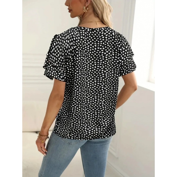 Kadın Kısa Kollu Kolları Volanlı Baskılı Süprem Bluz