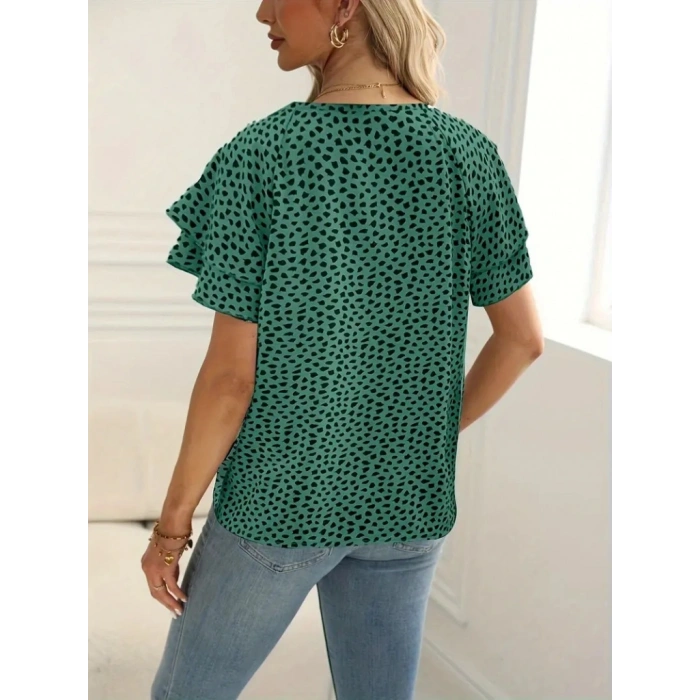 Kadın Kısa Kollu Kolları Volanlı Baskılı Süprem Bluz
