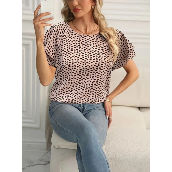 Kadın Kısa Kollu Kolları Volanlı Baskılı Süprem Bluz