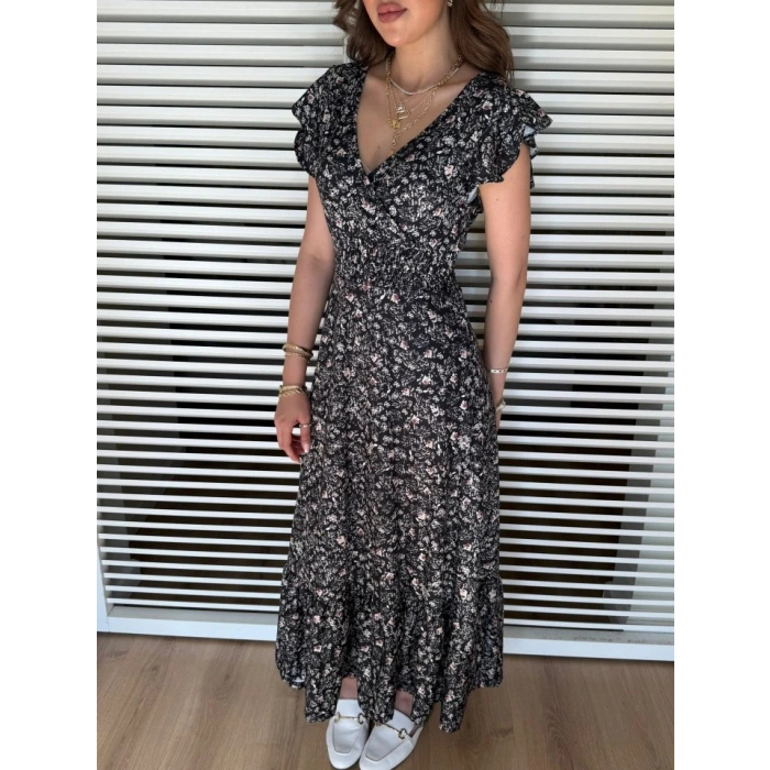 Kadın Kısa Kollu Kruvaze Yaka Beli Lastikli çiçek Desenli Elbise