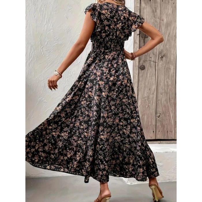 Kadın Kısa Kollu Kruvaze Yaka Beli Lastikli çiçek Desenli Elbise