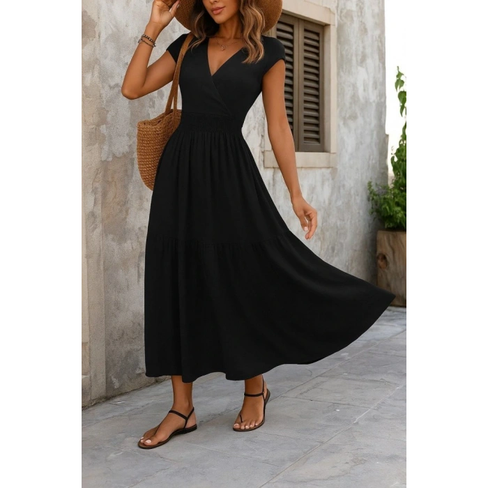 Kadın Kısa Kollu Kruvaze Yaka Beli Lastikli Süprem Maksi Boy Elbise