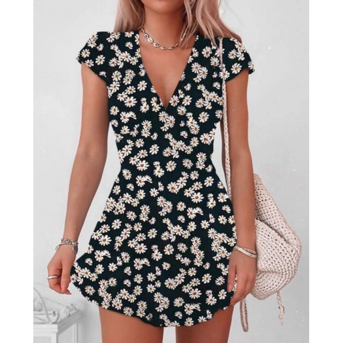 Kadın Kısa Kollu Kruvaze Yaka Papatya Baskılı Krep Elbise