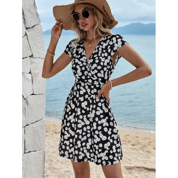 Kadın Kısa Kollu Kruvaze Yaka Papatya Baskılı Krep Elbise