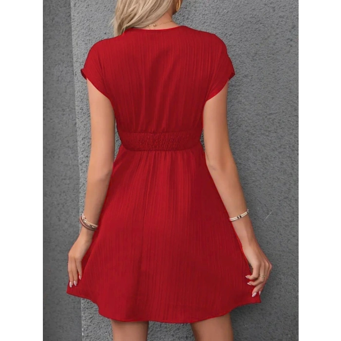 Kadın Kısa Kollu Kruvaze Yakalı Beli Lastikli Bürümcük Elbise