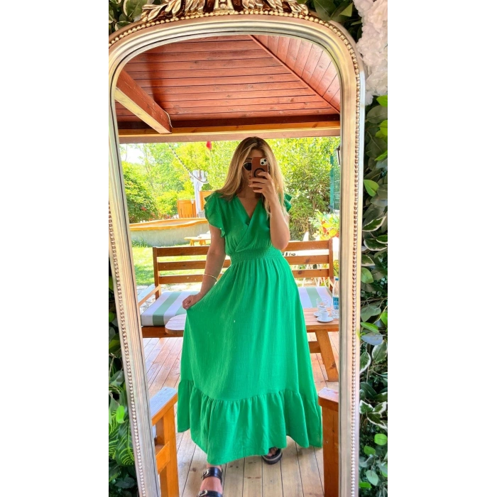 Kadın Kısa Kollu Kruvaze Yakalı Beli Lastikli Müslim Elbise