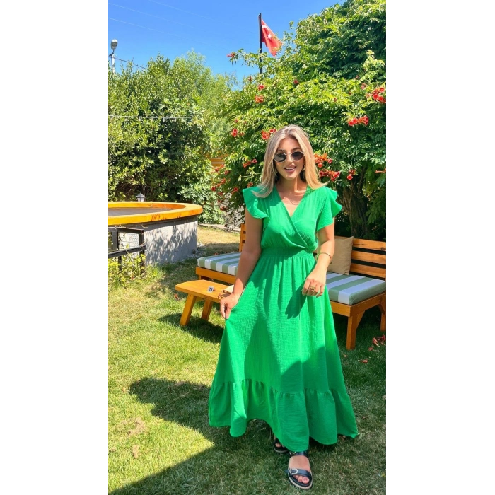 Kadın Kısa Kollu Kruvaze Yakalı Beli Lastikli Müslim Elbise