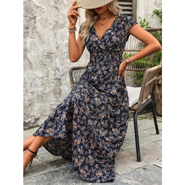 Kadın Kısa Kollu Kruvaze Yakalı çiçek Desenli Belden Lastikli Süprem Uzun Elbise