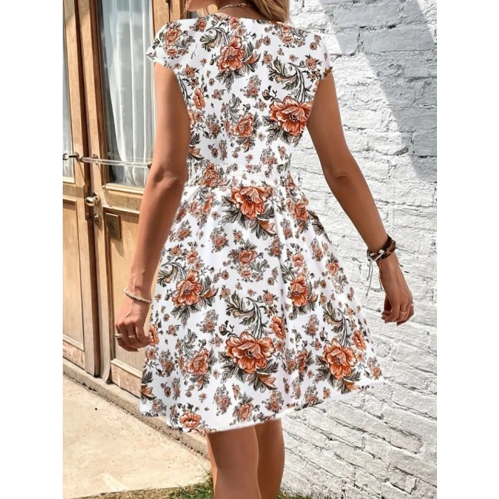 Kadın Kısa Kollu Kruvaze Yakalı çiçekli Desenli Süprem Elbise