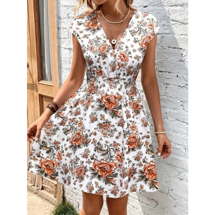 Kadın Kısa Kollu Kruvaze Yakalı çiçekli Desenli Süprem Elbise